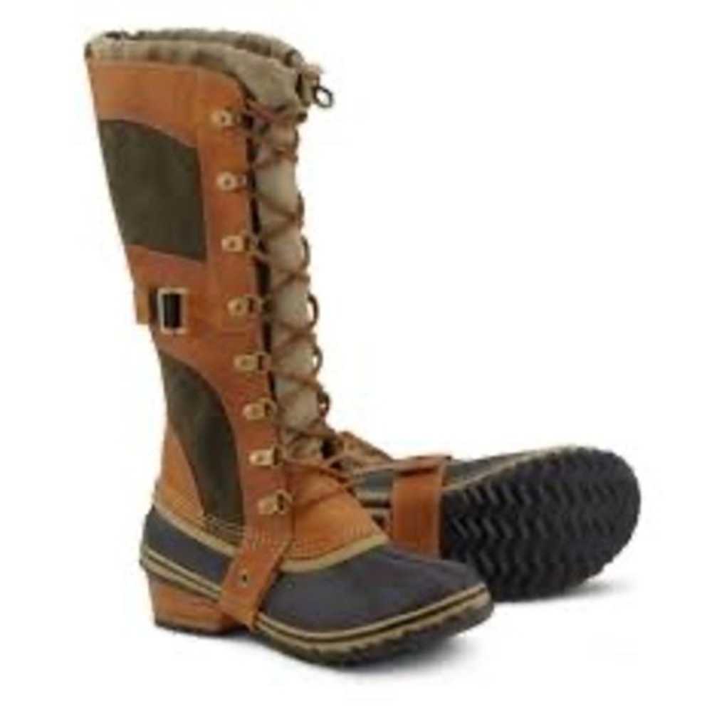Sorel Conquest Carly tall boots tan olive green women's size 7.5 trendy winter